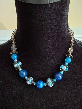 Stunning Vintage Blue Beads Glass Necklace w/ Smoky Quartz Bronze 17" Necklace